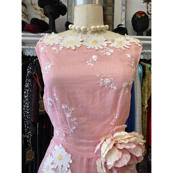Vintage style pink organza dress applique daisies easter spring wedding s/m 28 - Picture 2 of 12